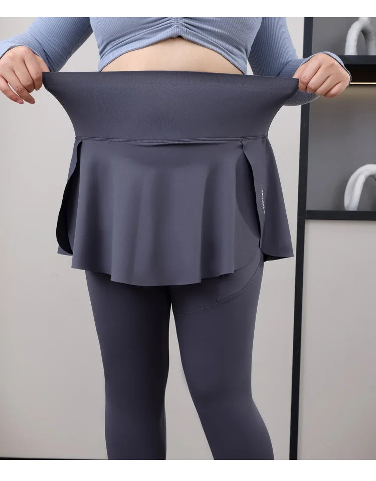Leggings de Yoga faux deux articles, grande taille, 200lb, avec poches, jupe taille haute en peau de requin, pantalon d'entraînement, collants Slim