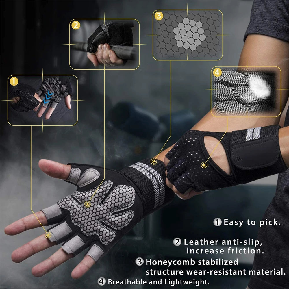 1 paire de gants de Fitness demi-doigt avec Support d'enveloppe de poignet pour hommes et femmes, équipement d'entraînement de Crossfit, équipement de musculation