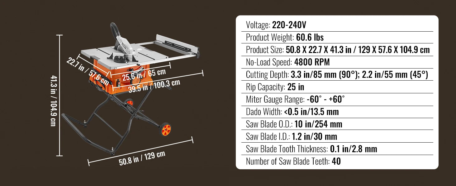 SucceBuy Scie de table 10 pouces 8 A 25 pouces Capacité d'éclat maximale 40 T Lame compacte portable pour le chantier de travail, le bricolage du bois, la fabrication de meubles