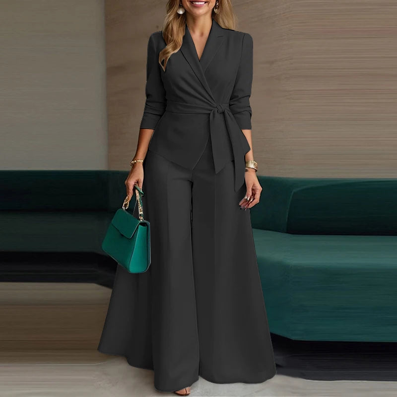 ZANZEA élégant 2 pièces pantalon ensembles à manches longues ceinturé léger Blazer et jambe large pantalon 2 pièces costumes bureau dame ensembles de déplacement