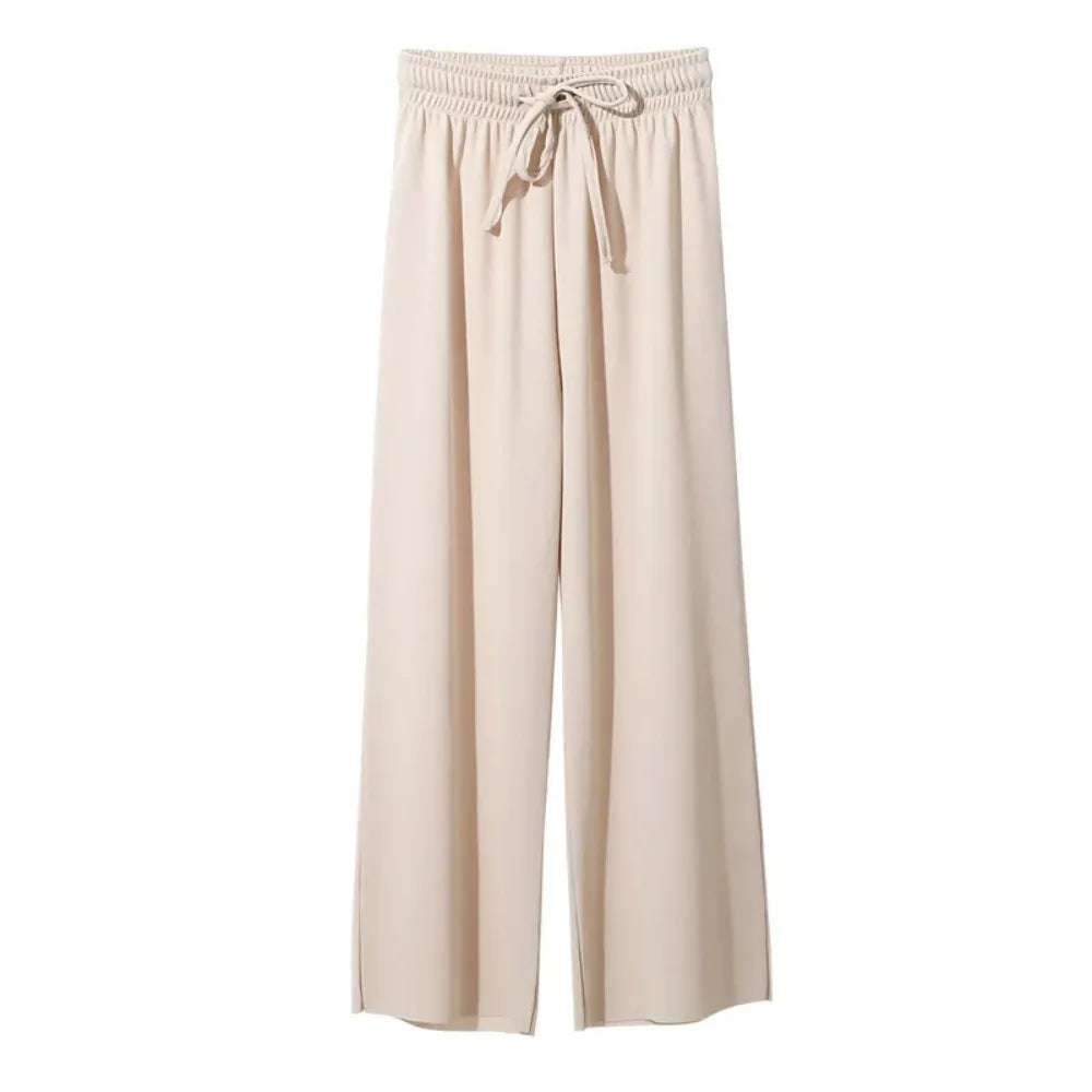 Pantalon large décontracté pour femme, longueur cheville, taille élastique, en soie glacée, couleur unie, printemps-été