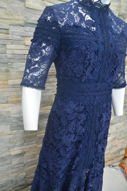 Robe en dentelle bleue mature légère, robe irrégulière, coupe haute et basse, longue, à la mode