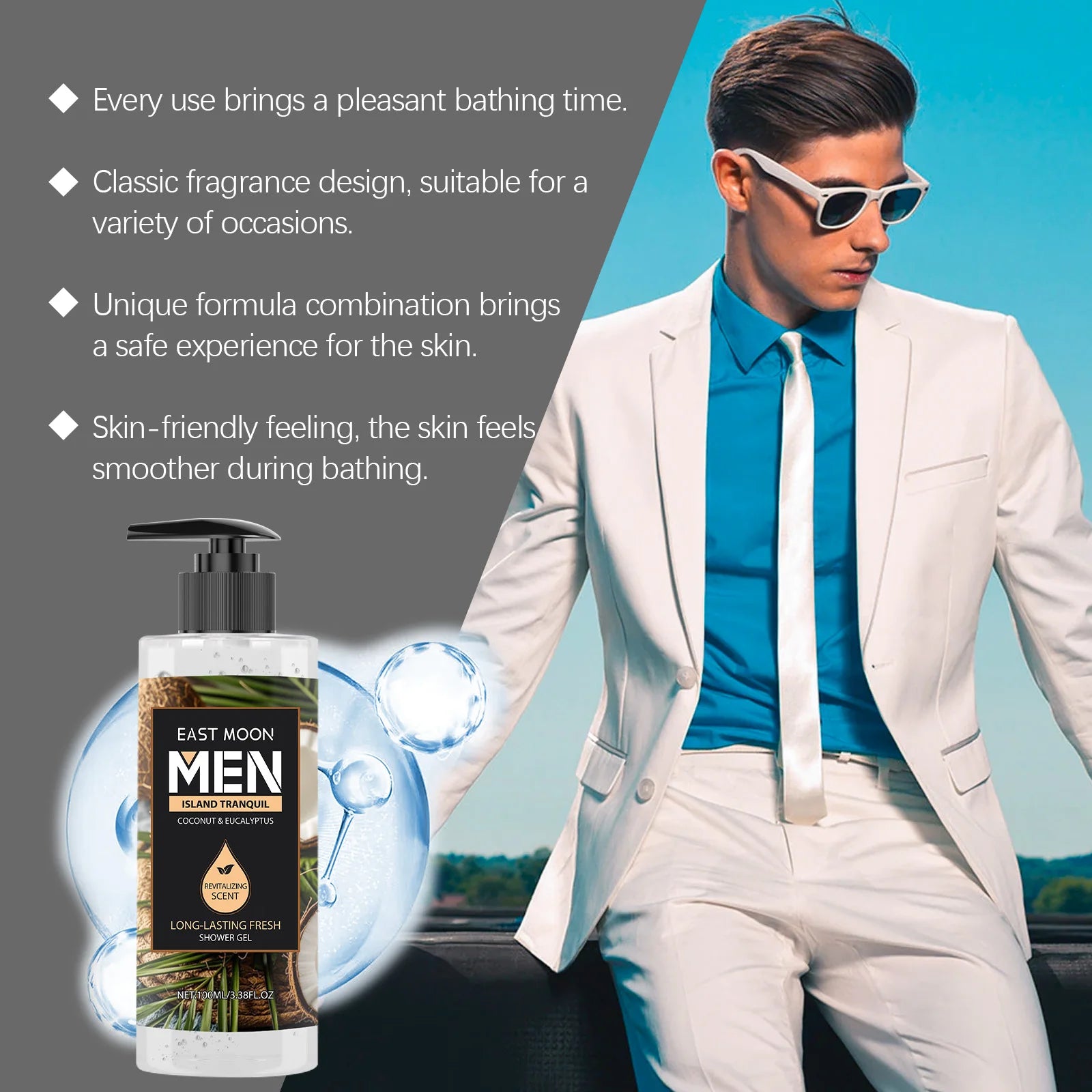 Gel douche nettoyant en profondeur pour hommes, Eucalyptus, noix de coco, parfum rafraîchissant, parfum longue durée, contrôle de l'huile, 100ml