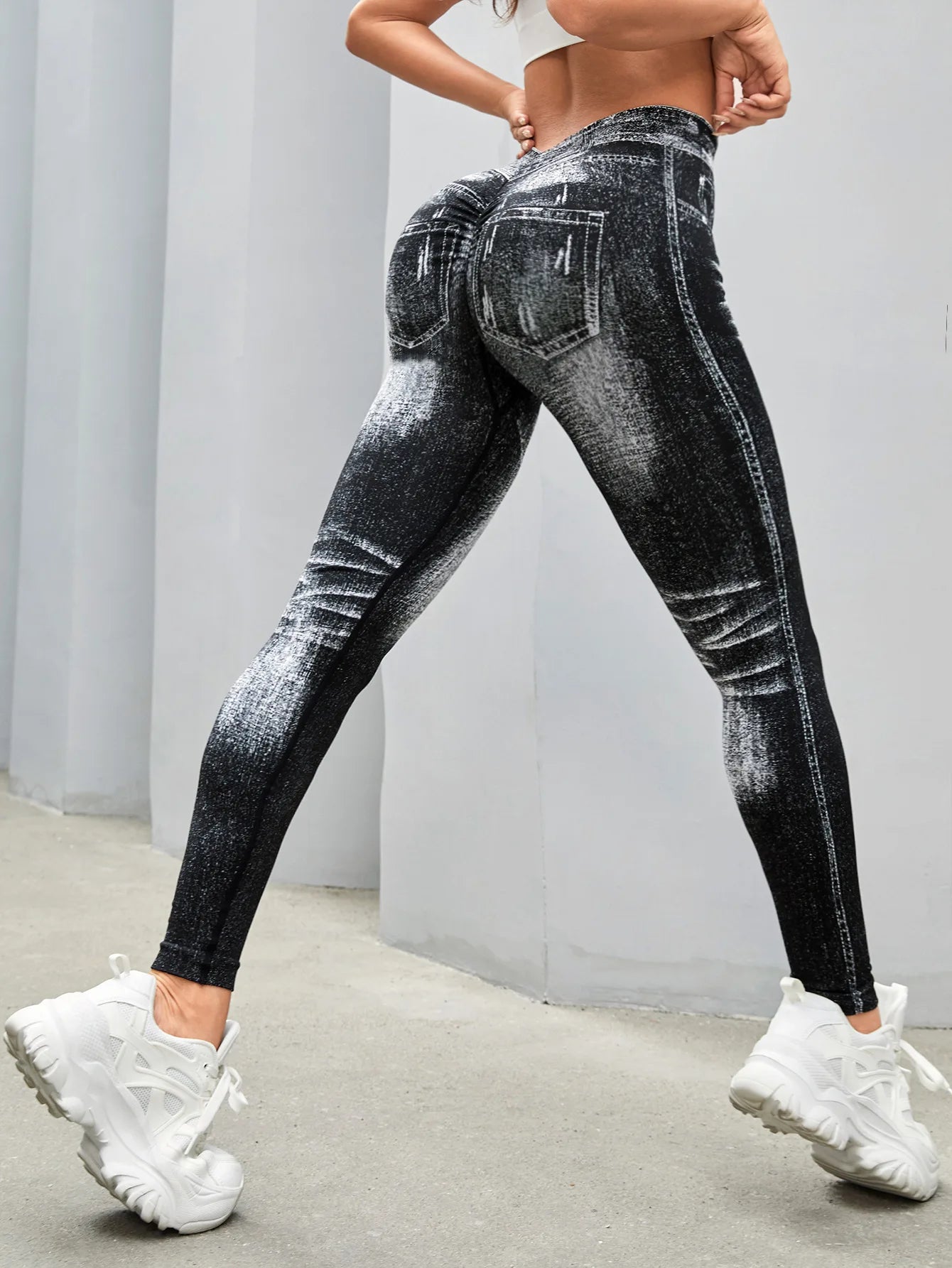 Femmes dos en V Jean Leggings pantalons de Yoga de gymnastique décontracté élastique exercice d'entraînement Fitness course collants de Fitness