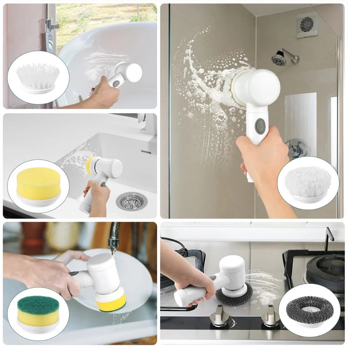 Brosse de nettoyage électrique 5 en 1, épurateur rotatif, brosse de nettoyage de salle de bains avec 5 têtes de brosse, brosse de nettoyage de cuisine et de vaisselle, Gadgets