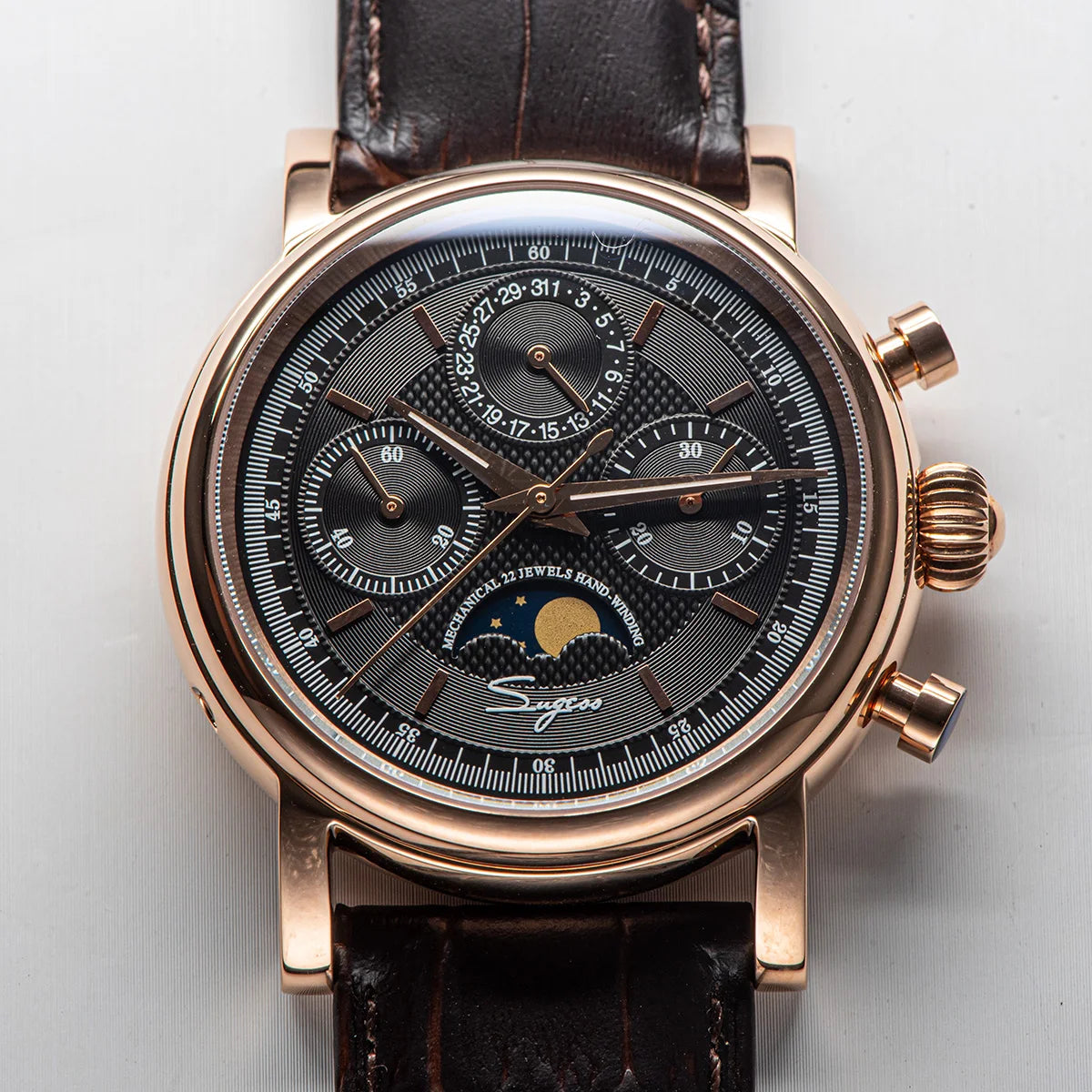 Sugess – montre-bracelet pour hommes, ST1908, mouvement à col de cygne, chronographe mécanique, véritable calendrier de phase de lune, cuir Vintage, nouveau 2026