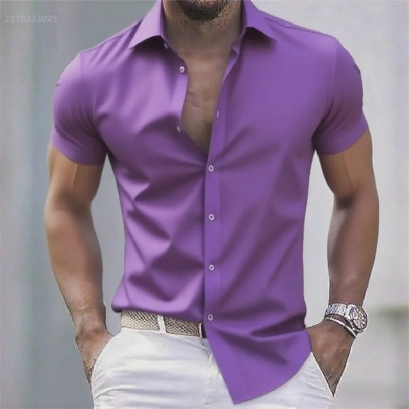 Chemise décontractée pour hommes de couleur unie, tissu extensible à manches courtes décontracté à la mode, chemise formelle d'affaires, tissu confortable