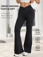 Leggings noirs de printemps taille haute, extensibles, coupe large, légèrement évasés, avec design de taille croisée, pour le sport décontracté, pantalon long