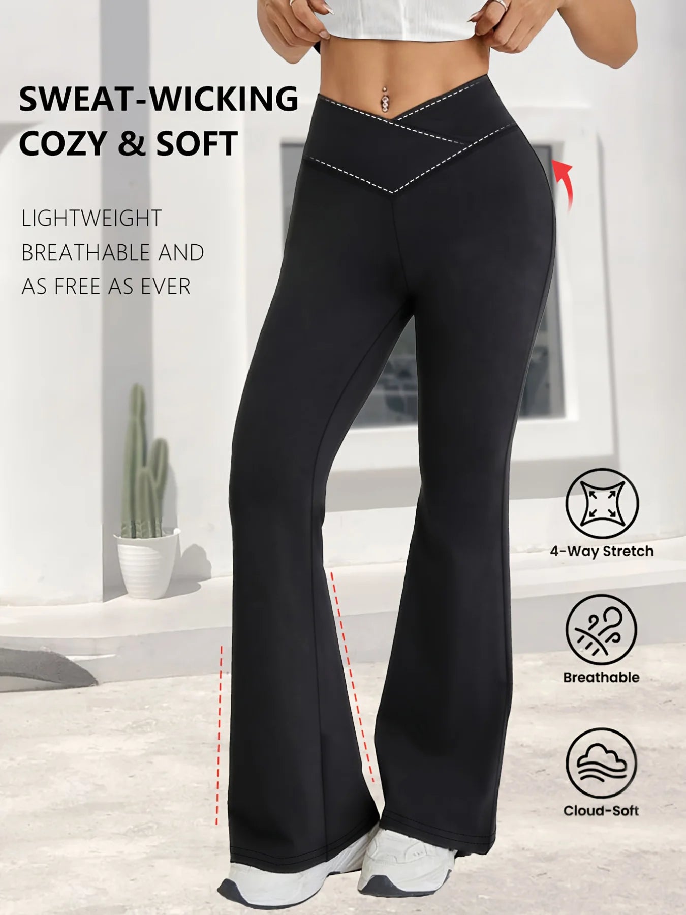 Leggings noirs de printemps taille haute, extensibles, coupe large, légèrement évasés, avec design de taille croisée, pour le sport décontracté, pantalon long