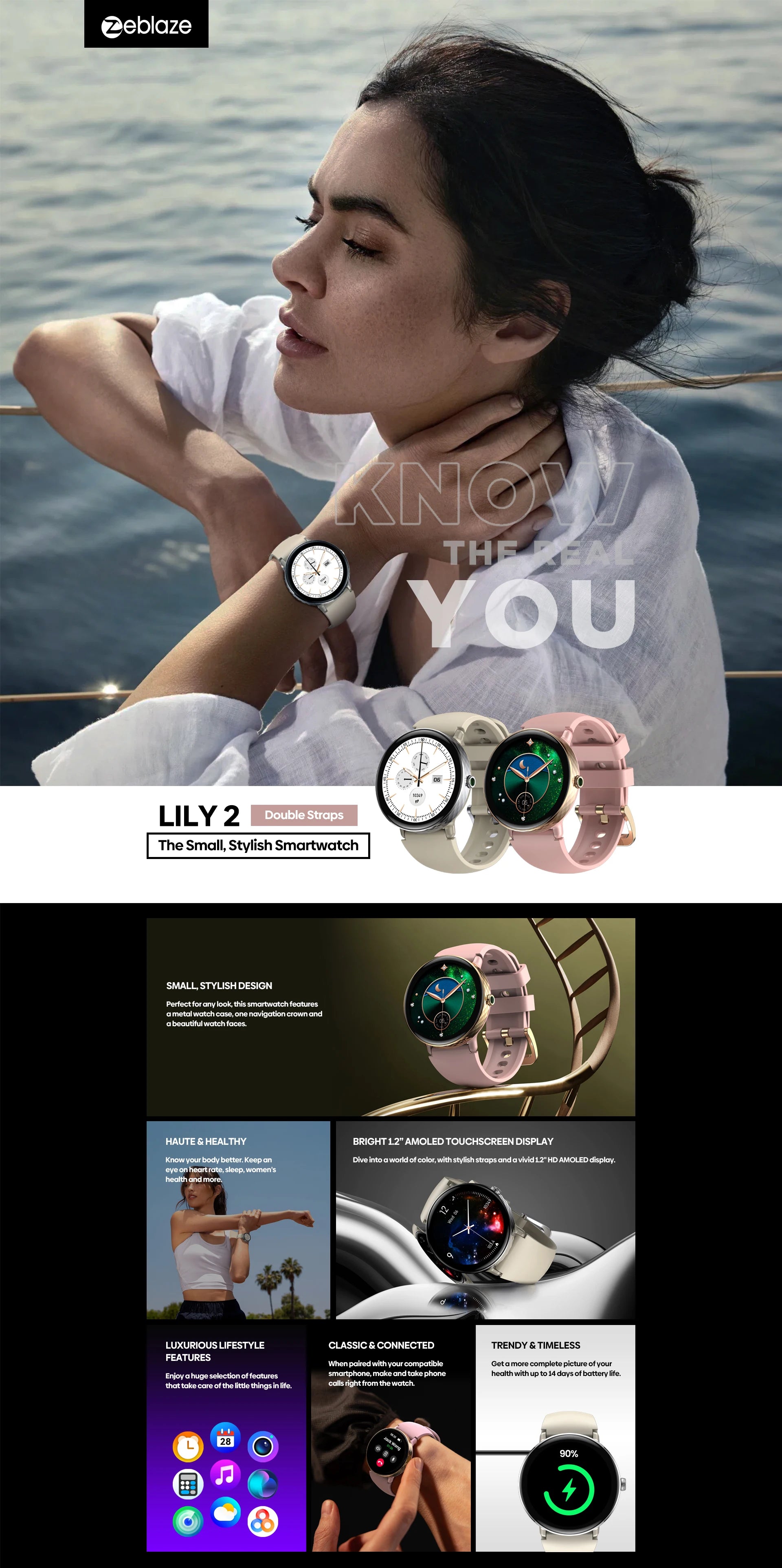 Nouveau 2026 Zeblaze LILY 2 appel vocal femme Smartwatch Double sangle 1.2 "HD AMOLED affichage surveillance de la santé sport montre intelligente