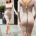 Printemps nouvelle grande taille robe moulante couleur unie col rond manches longues dos fermeture éclair robe serrée femme mode vêtements D1240