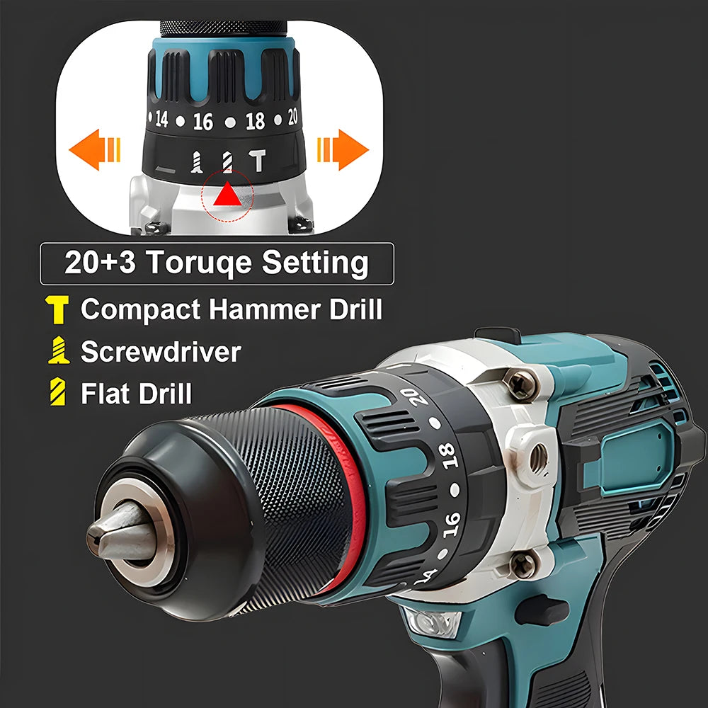 Podofo 480N.M perceuse à percussion électrique tournevis électrique sans brosse 13mm 18V outils électriques avec 2 batteries outil de forage à percussion rotatif