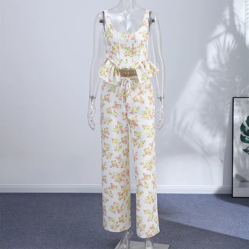 Ensemble pantalon long imprimé floral pour femme – Gilet élégant sans manches et dos nu avec pantalon large – Tenue chic pour les vacances d'été