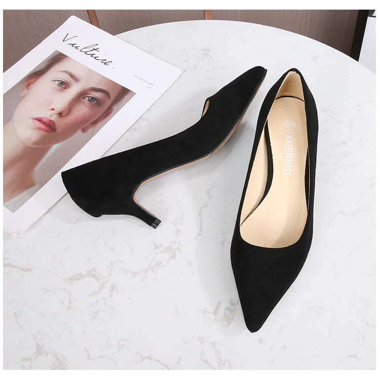 Femmes daim chaussures simples 5CM mode bout pointu sans lacet talons hauts printemps automne bouche peu profonde pompes à talons aiguilles grande taille 45 46