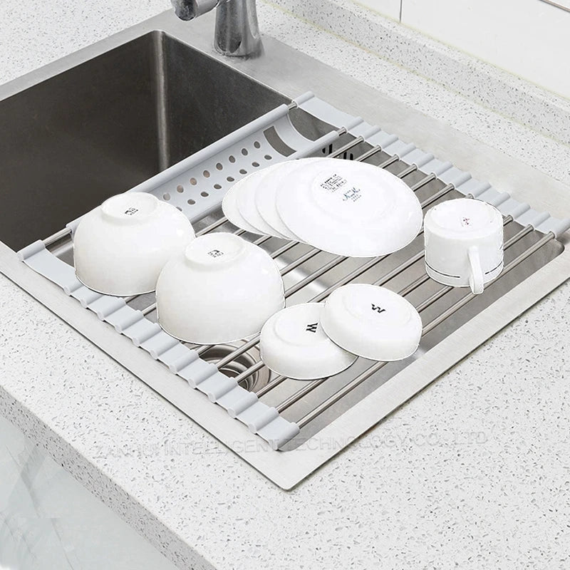 Égouttoir à vaisselle enroulable pour évier, égouttoir à vaisselle en acier inoxydable 304, organisateur de rangement pour assiettes, accessoires de cuisine