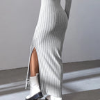 Robe sexy en tricot pour femmes, col en v, col inversé, fendue, manches longues, élastique, pull basique, automne hiver