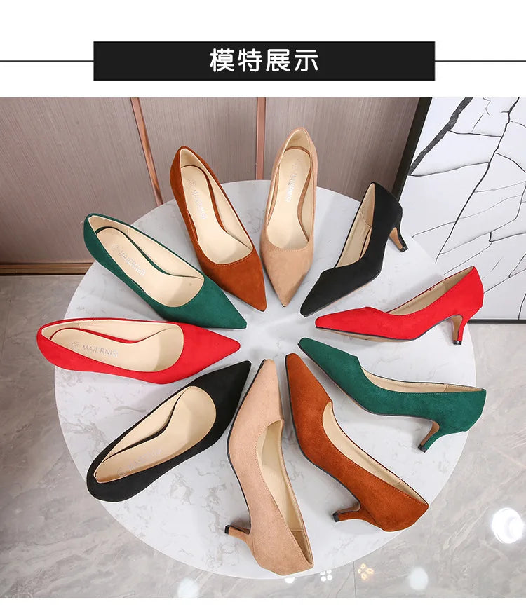 Femmes daim chaussures simples 5CM mode bout pointu sans lacet talons hauts printemps automne bouche peu profonde pompes à talons aiguilles grande taille 45 46