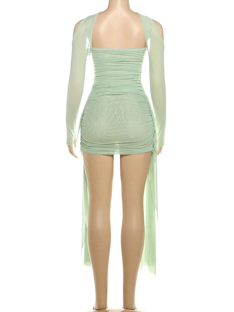 Kliou – Mini robe en maille Simple pour femmes, mode, couleur unie, sans bretelles, rubans, pompon, façonnant le corps, gants à manches longues