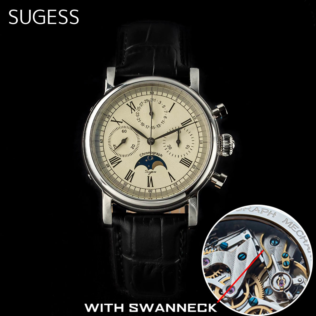 Sugess – montre-bracelet pour hommes, ST1908, mouvement à col de cygne, chronographe mécanique, véritable calendrier de phase de lune, cuir Vintage, nouveau 2026