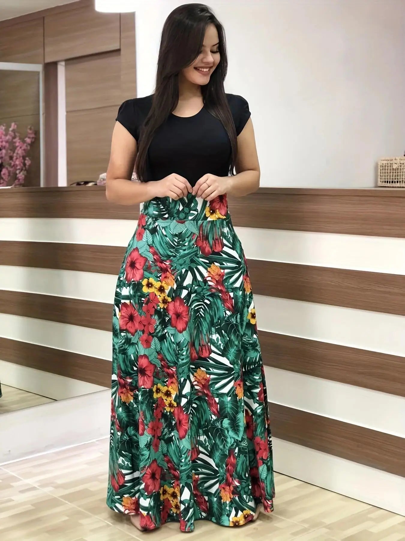 Robe à manches courtes pour femmes, style européen et américain, imprimé floral, couleur assortie, grande jupe trapèze, 2024