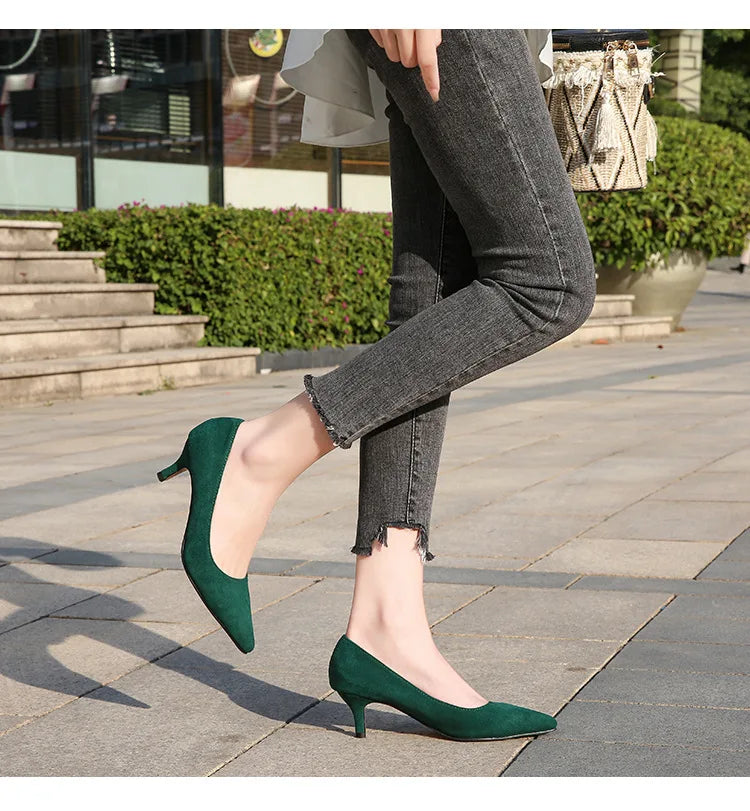 Femmes daim chaussures simples 5CM mode bout pointu sans lacet talons hauts printemps automne bouche peu profonde pompes à talons aiguilles grande taille 45 46