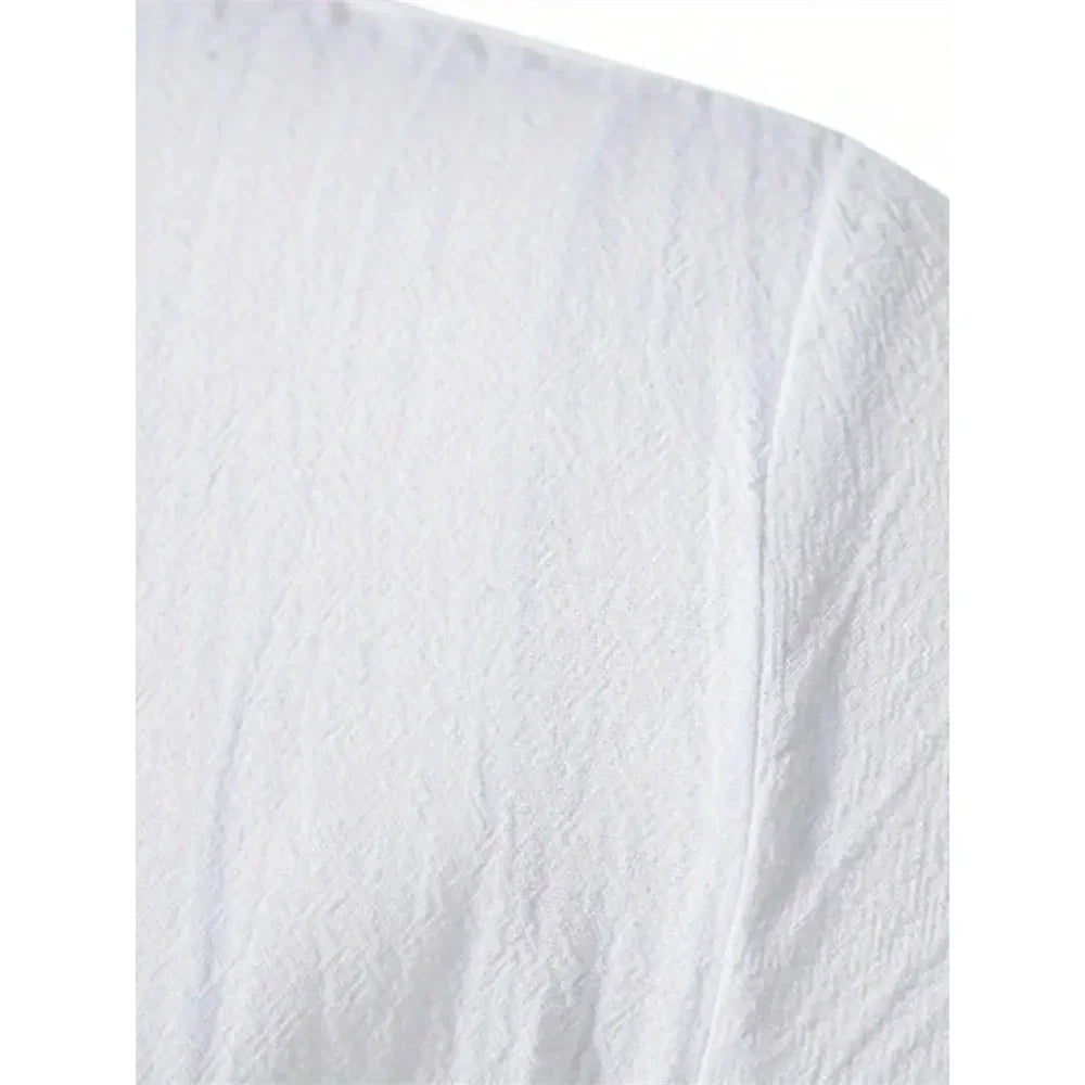 Chemise rétro à manches courtes pour hommes, en coton et lin, légère, respirante, couleur unie, hauts à la mode, col en v Pirate, chemises élégantes pour hommes