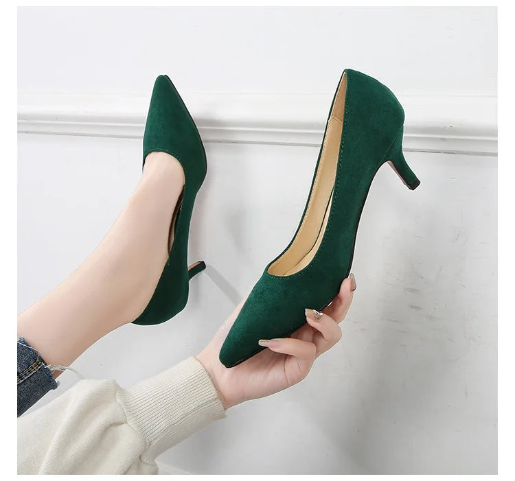 Femmes daim chaussures simples 5CM mode bout pointu sans lacet talons hauts printemps automne bouche peu profonde pompes à talons aiguilles grande taille 45 46