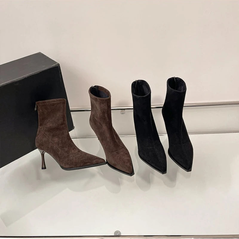 Bottines à talons hauts et bout pointu pour femme, chaussures de soirée de danse élégantes, à la mode, courtes et fines, extensibles, automne et hiver