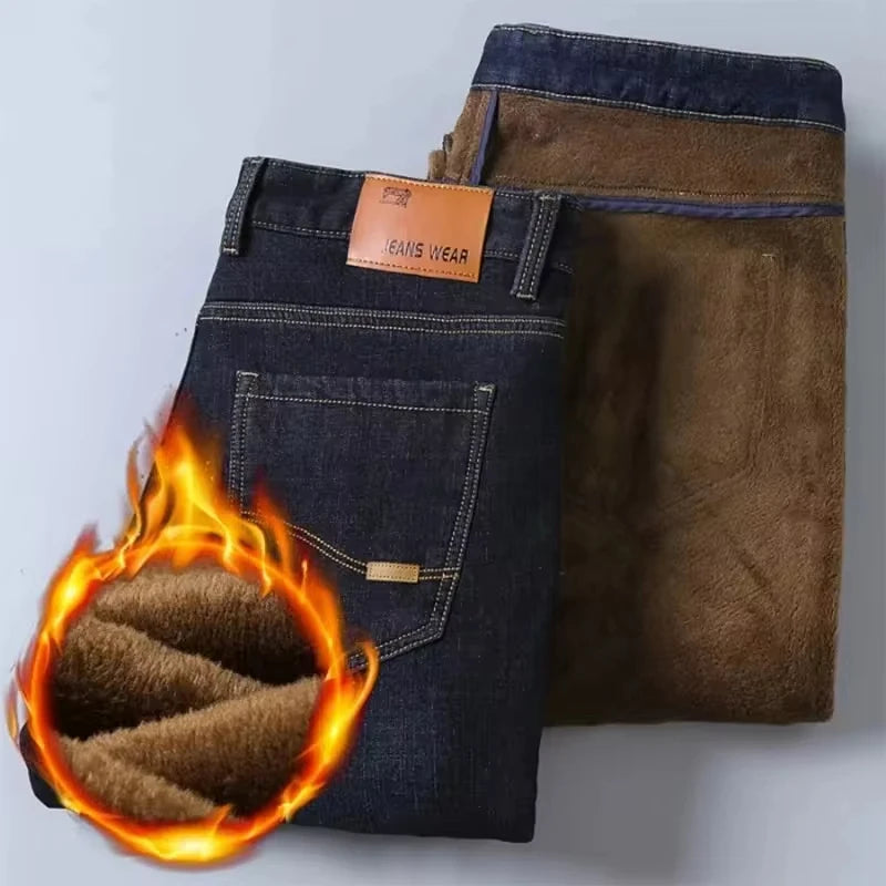 Jeans doublés en polaire réfléchissants pour hommes - Doublure épaisse et chaude, denim durable et bordure réfléchissante, sûrs pour les trajets nocturnes en hiver et décontractés