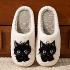 Pantoufles d'intérieur pour femmes, pantoufles d'hiver avec chat noir, pantoufles mignonnes pour filles, chambre à coucher, semelle souple antidérapante, chaussures de maison confortables en coton
