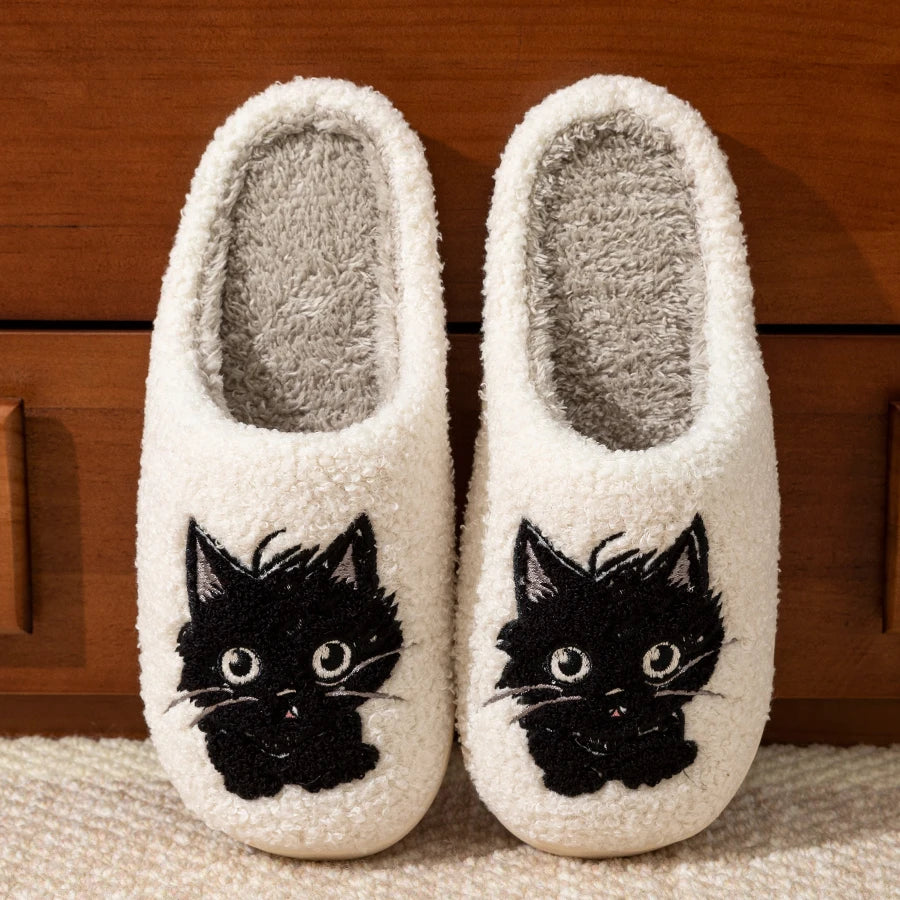 Pantoufles d'intérieur pour femmes, pantoufles d'hiver avec chat noir, pantoufles mignonnes pour filles, chambre à coucher, semelle souple antidérapante, chaussures de maison confortables en coton