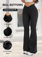 Leggings noirs de printemps taille haute, extensibles, coupe large, légèrement évasés, avec design de taille croisée, pour le sport décontracté, pantalon long