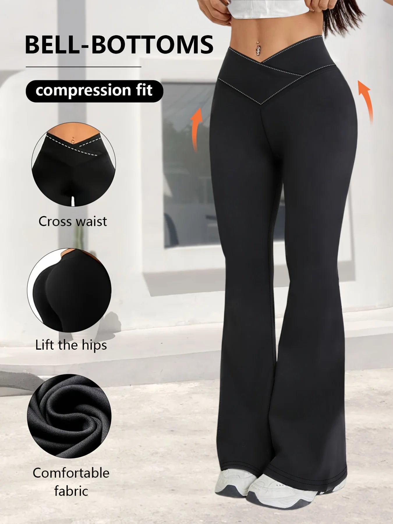 Leggings noirs de printemps taille haute, extensibles, coupe large, légèrement évasés, avec design de taille croisée, pour le sport décontracté, pantalon long