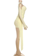 Kliou – Mini robe en maille Simple pour femmes, mode, couleur unie, sans bretelles, rubans, pompon, façonnant le corps, gants à manches longues