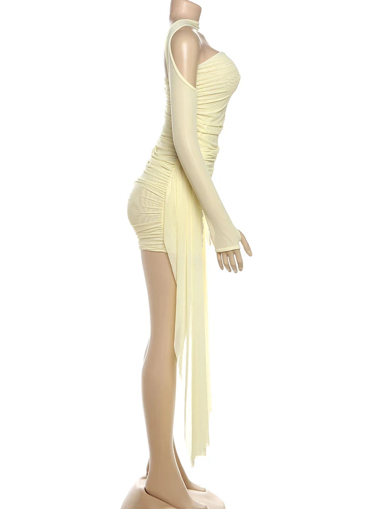 Kliou – Mini robe en maille Simple pour femmes, mode, couleur unie, sans bretelles, rubans, pompon, façonnant le corps, gants à manches longues