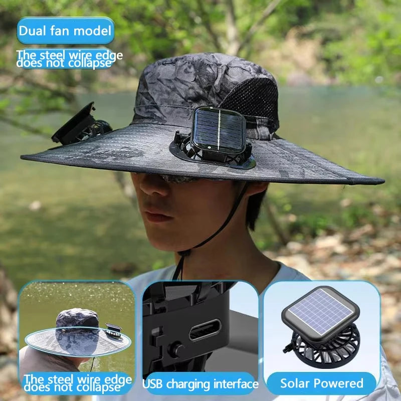 Chapeau solaire à double ventilateur à large bord, pour Camping en plein air, pêche, Anti-UV, pour hommes, escalade, Protection solaire, chapeau de pêcheur