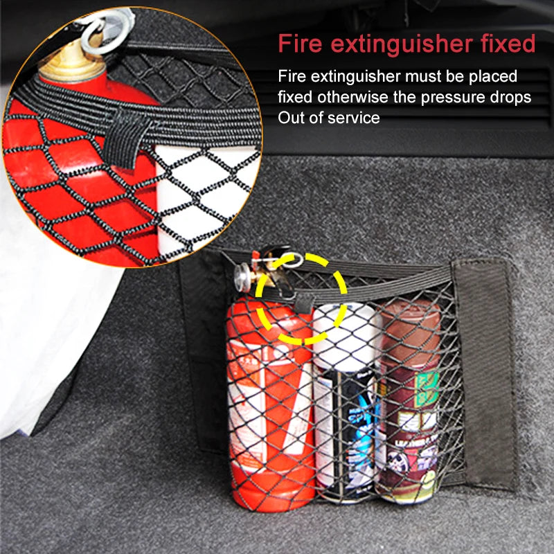Filet de rangement pour coffre arrière de voiture, filet en maille pour siège, corde élastique, autocollant magique, sac de rangement universel, organisateur de poche pour voiture