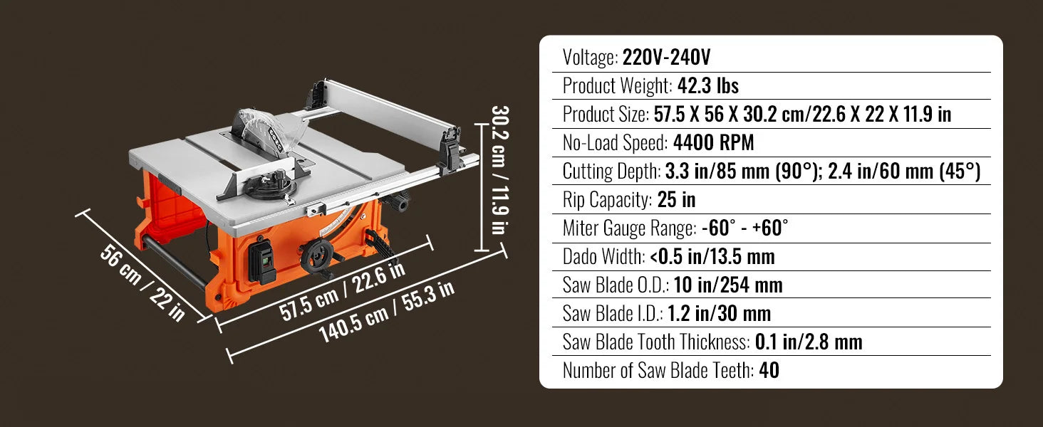 SucceBuy Scie de table 10 pouces 8 A 25 pouces Capacité d'éclat maximale 40 T Lame compacte portable pour le chantier de travail, le bricolage du bois, la fabrication de meubles