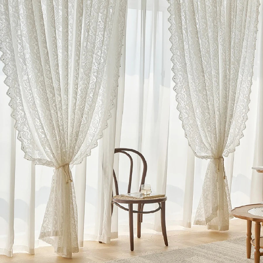 Rideau élégant en dentelle et perles de pays français, 1 pièce, avec motif de queue de phénix, parfait pour les salons et les chambres à coucher