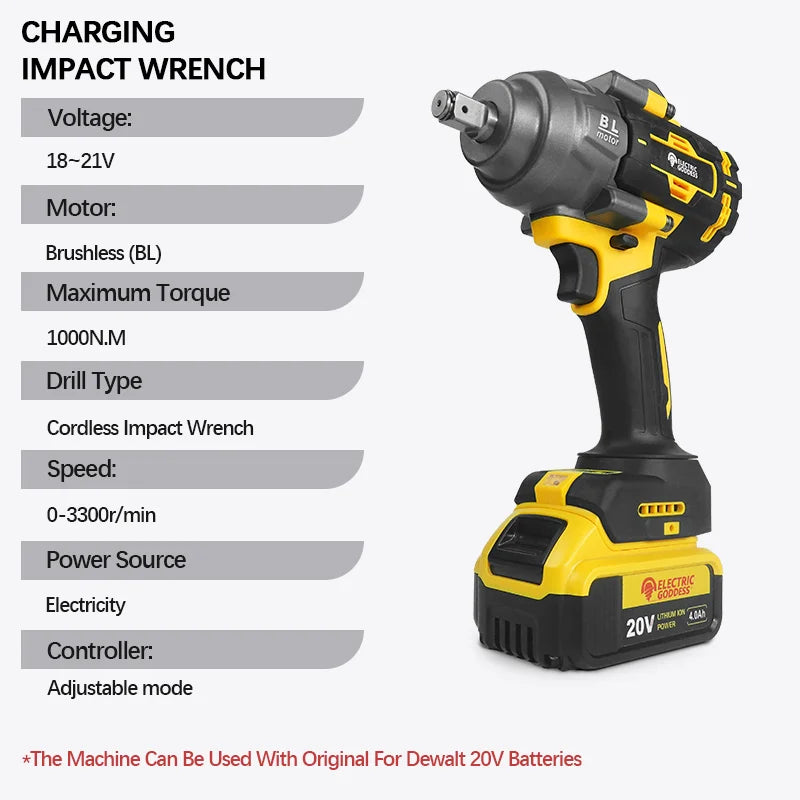 Clé électrique sans balais à couple élevé 1000N · M, clé à chocs de 1/2 pouces, grande Machine-outil de Service pour broche de batterie Dewalt 20V