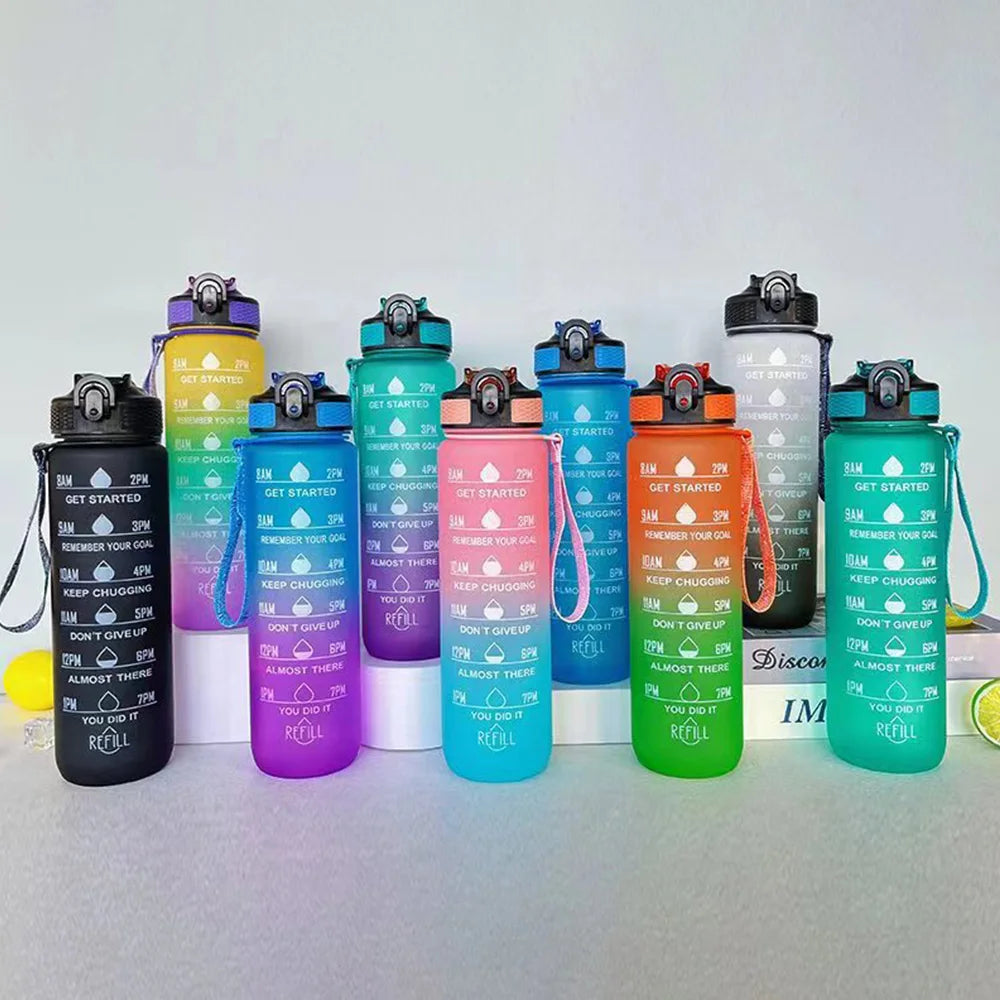 Bouteille d'eau de sport 1L avec paille, marqueur de temps, dégradé de couleur, bouteille de motivation, étanche, tasse d'eau potable pour étudiant en plein air