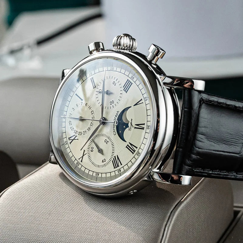 Sugess – montre-bracelet pour hommes, ST1908, mouvement à col de cygne, chronographe mécanique, véritable calendrier de phase de lune, cuir Vintage, nouveau 2026