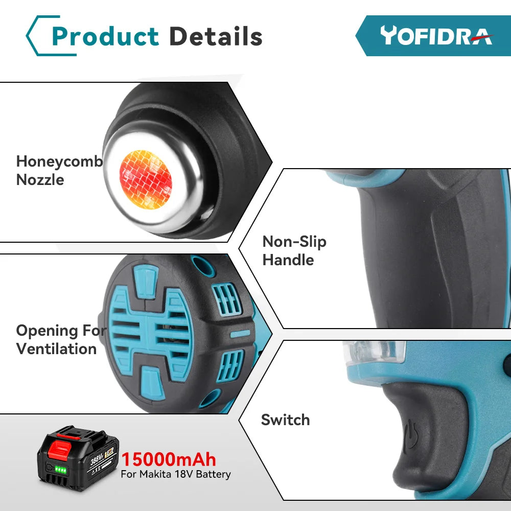Yofidra 2000W pistolet thermique électrique pistolet à Air chaud portatif sans fil avec 3 buses sèche-cheveux industriel à domicile pour broche de batterie Makita