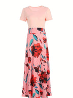 Robe à manches courtes pour femmes, style européen et américain, imprimé floral, couleur assortie, grande jupe trapèze, 2024