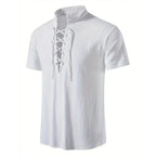Chemise rétro à manches courtes pour hommes, en coton et lin, légère, respirante, couleur unie, hauts à la mode, col en v Pirate, chemises élégantes pour hommes