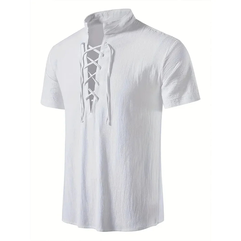 Chemise rétro à manches courtes pour hommes, en coton et lin, légère, respirante, couleur unie, hauts à la mode, col en v Pirate, chemises élégantes pour hommes