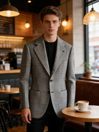 Blazer Homme Slim Fit en Mélange de Laine à Carreaux Pied-de-Poule, Veste Décontractée à Deux Boutons avec Revers Cranté, Idéal pour Tenues Professionnelles et Formelles