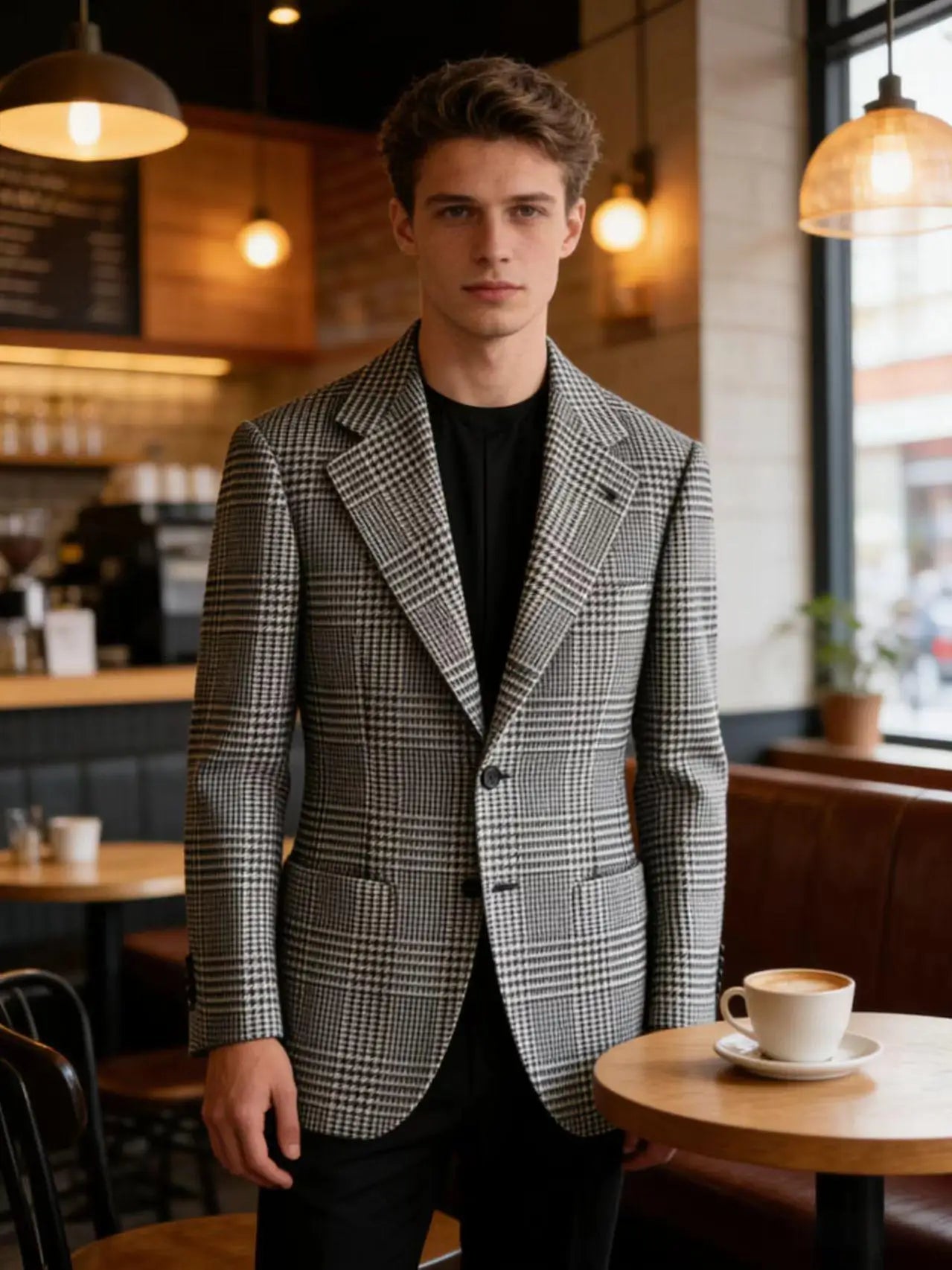 Blazer Homme Slim Fit en Mélange de Laine à Carreaux Pied-de-Poule, Veste Décontractée à Deux Boutons avec Revers Cranté, Idéal pour Tenues Professionnelles et Formelles