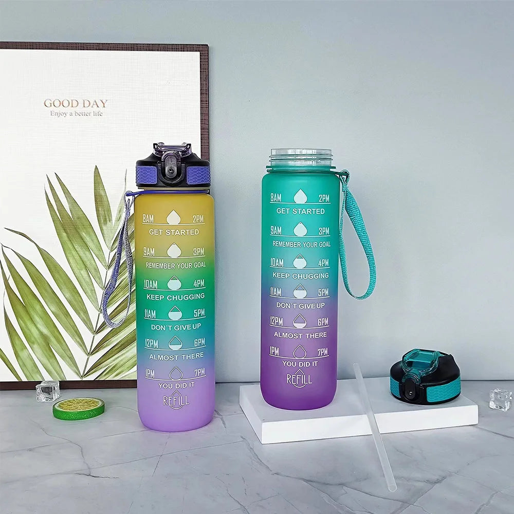 Bouteille d'eau de sport 1L avec paille, marqueur de temps, dégradé de couleur, bouteille de motivation, étanche, tasse d'eau potable pour étudiant en plein air