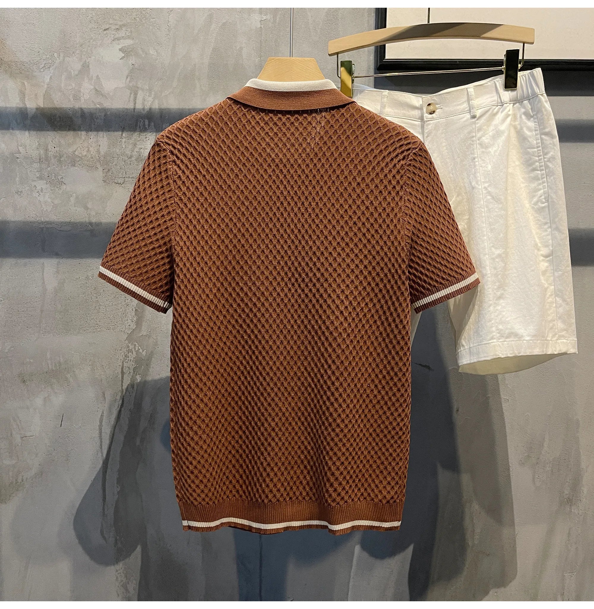 Polo en maille jacquard décontracté pour homme 2026, col en V, couleur unie, manches courtes, respirant, vêtement de luxe B24
